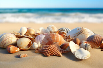Fototapeta na wymiar Seashell Symphony: Beachside Table Arrangement