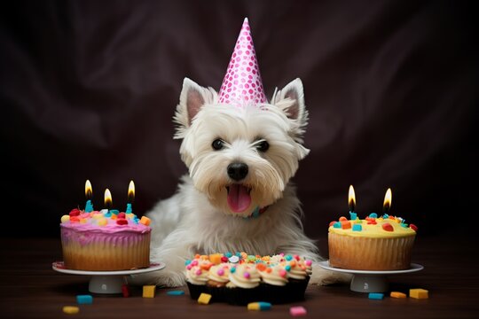 happy westie in a birthday paper hat eating from cake