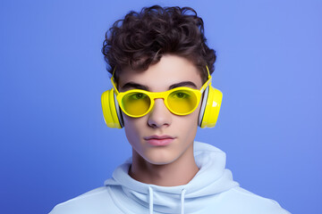 Colorful studio portrait of a cool teenager boy with age specific outfit and accessories. Bold, vibrant and minimalist. Generative AI