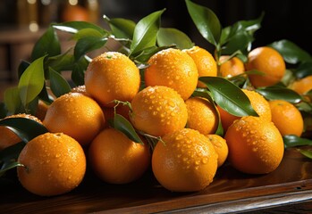 Juicy and ripe tangerines. Rich harvest of tangerines. Sweet tangerines with leaves lie on the table. Generative AI.