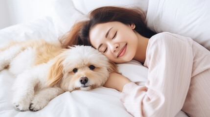 Girl and dog sleeping together comfortably and cuddled in bed in the morning. In bed with best friend dog with happy face to wake up next to your pet - obrazy, fototapety, plakaty