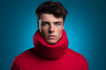 Colorful studio portrait of a young man wearing cold weather clothes to keep him warm. Autumn or winter outfit. Bold, vibrant and minimalist. Generative AI
