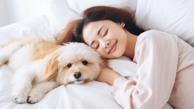 Girl and dog sleeping together comfortably and cuddled in bed in the morning. In bed with best friend dog with happy face to wake up next to your pet