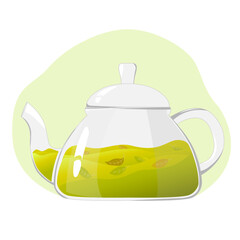 Glass teapot with green tea.Transparent glass teapot with green tea leaves. Healthy drinks concept.Vector illustration for cafes, advertisements, banners