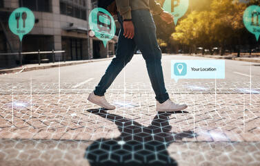 Augmented reality, hologram and legs walking in city with connection for futuristic internet travel in outdoor town. Digital, digital and person commute in metaverse location with online technology