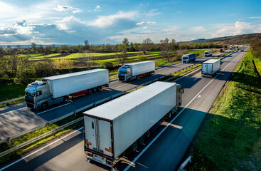 Highway transportation scene with Convoys or fleets of transportation trucks in both ways,on rural...