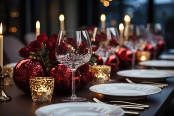 Obraz na płótnie Canvas Christmas dinner table setting red roses, candles and Christmas balls
