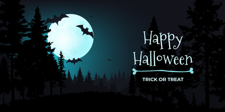 Eerie atmosphere of Happy Halloween vector banner illustration. A spooky moonlit night featuring a haunting forest, bats, and a full moon. Perfect for party invitations and posters. Not AI generated.