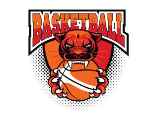 Basketball club logo template. Head  of Tiger or panther, jaguar, lion with basketball ball in claws, teeth. Vector on transparent background
