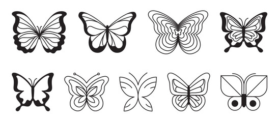 Vector set of design elements and illustrations in simple minimalist linear style - butterflies, prints and posters design elements in y2k style