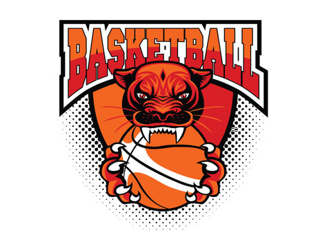 Basketball club logo template. Head  of Tiger or panther, jaguar, lion with basketball ball in claws, teeth. Vector on transparent background