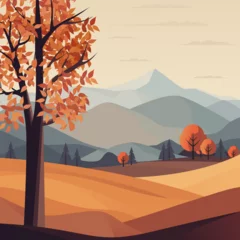 Fototapeten Autumn morning landscape vector illustration. Rolling hills, lush meadows, and vibrant trees, mountains on the background make it ideal for posters and banners celebrating the season not AI ©  Tati. Dsgn
