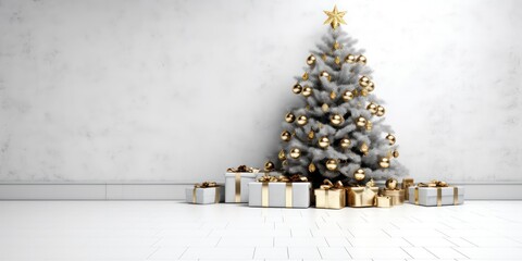 Beautiful Christmas tree decorated with beautiful shiny baubles and many different presents on white background. White wall background, copy space for text. Close up