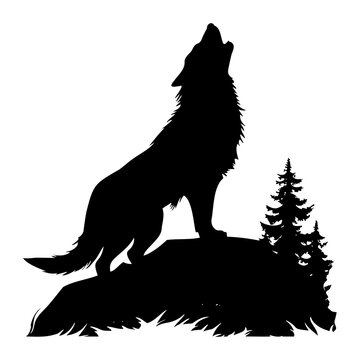 Wolf standing and howling , vector illustration, silhouette of wolf,