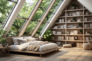 3D rendering of a cozy attic bedroom with sloped ceilings PNG Cutout, Generative AI - obrazy, fototapety, plakaty