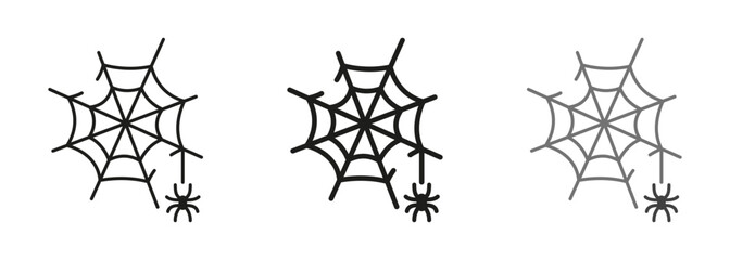 Spiderweb Line and Silhouette Icon Set. Spooky Spider Web, Halloween Decoration Pictogram. Fear Cobweb Trap with Spider on Thread Symbol Collection. Isolated Vector Illustration