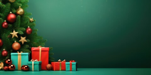 Green Christmas background with gift boxes and christmas tree, copy space for text. Close up