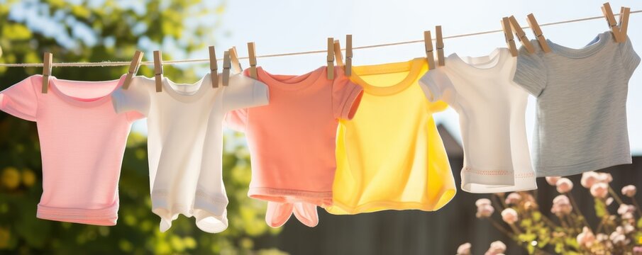Children's clothing dries on a clothesline in the backyard outside in the sunlight after being washed. Rope with clean clothes outdoors on laundry day. Format photo 5:2.