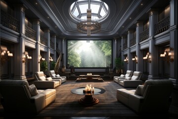3D rendering of a cozy home theater room with plush seating, Generative AI - obrazy, fototapety, plakaty