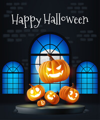 Happy Halloween banner illustration. Castle interior full moon outside a spooky window, pumpkins on the podium it's perfect for banners, posters, and promotions. Not AI generated