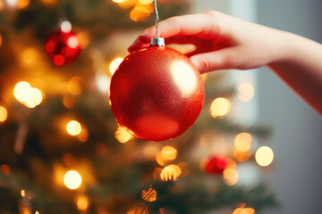 Festive Moments: Woman's Hand Decorating Christmas Tree