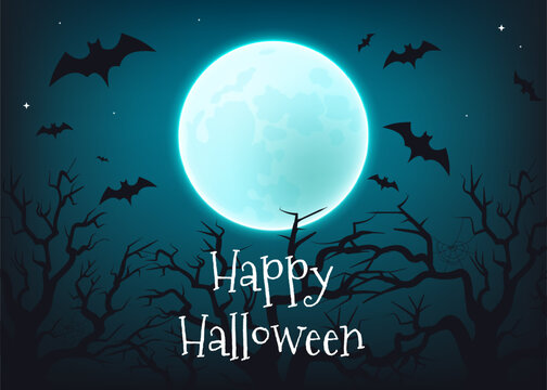 Eerie atmosphere of Happy Halloween vector illustration. A spooky moonlit night featuring a haunting tree, bats, and a full moon. Perfect for party invitations and posters. Not AI generated.