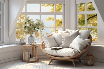 3D rendering of a cozy reading corner with a bay window PNG Cutout, Generative AI