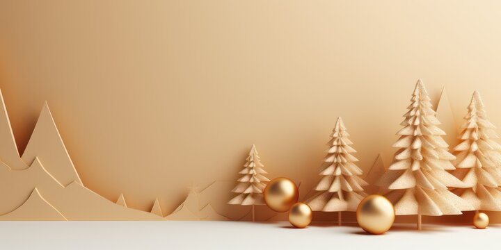 3d Christmas banner. Christmas trees in snow drifts festive 3d new year composition. Soft pastel color gold and pink white. Xmas minimal abstract background