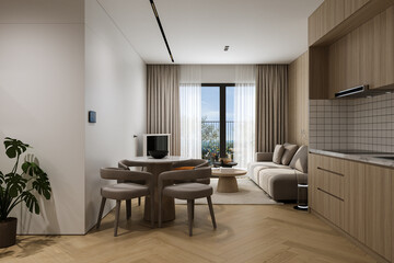 Simple style Interior in trio space living, dining, and open kitchen in a studio apartment, 3D rendering