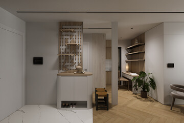 The foyer space decorated with a meaningful pegboard shelf on the wall and a Shoe Cabinet next to stools, 3D rendering