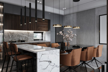 The modern interior of the open kitchen and dining space is decorated with Cozy and Effortless Stuff, Pendant lights hanging on the counter and table, 3D rendering
