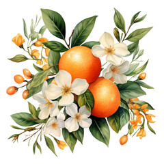 Watercolor orange fruit. Illustrartion of citrus with leaves and	blossoms. AI Generative	