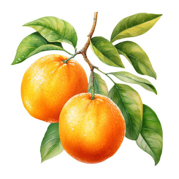 Watercolor orange fruit. Illustrartion of citrus with leaves. AI Generative	