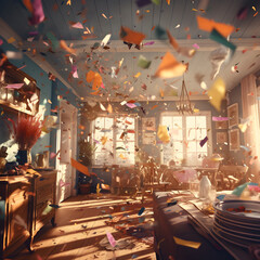 Confetti flies in an apartment with a colorful living room