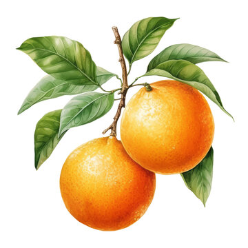 Watercolor orange fruit. Illustrartion of citrus with leaves. AI Generative	