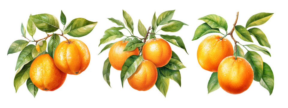 Set of watercolor blooming orange tree branches flowers and orange AI Generative