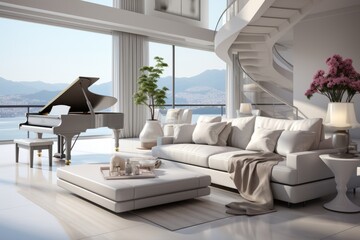 3D rendering of a modern penthouse living room with a grand piano PNG Cutout, Generative AI - obrazy, fototapety, plakaty