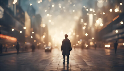 Lonely man walks the middle of the street during cold winter days with a set of glowing lights.