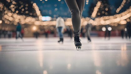 The joy and excitement of an ice skating rink during the holiday season. The story of someone who learns to ice skate for the first time. - obrazy, fototapety, plakaty
