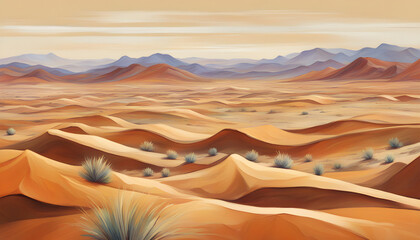 In the heart of an arid desert, nature reveals its artistry with a waved, colorful landscape. The dunes, painted in a palette of vivid oranges, purples, and pinks, ripple like a magnificent tapestry.