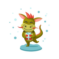 Cute little dragon dragon holding a gift, concept of the year of the dragon. New year 2024 illustration. Postcard with Chinese dragon. Kids illustration. Hand drawn vector illustration