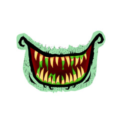 Vector cartoon funny zombie monster open mouth with drooling green slime isolated on white background. Vector Halloween greeting card with funny monster mouth. Cartoon vampire and zombie fangs