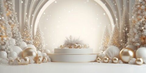 Christmas podium with blurry shiny lights for branding and packaging presentation. Product display with gift boxes, christmas tree, gold white balls, snow. Christmas showcase. Cosmetic and fashion. - obrazy, fototapety, plakaty