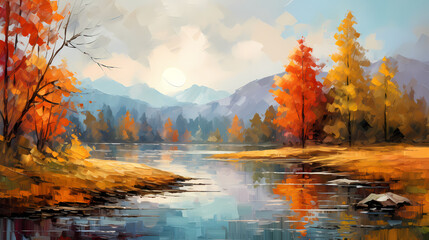 Obraz premium Painting Of A Lake With Trees And Mountains In The Background