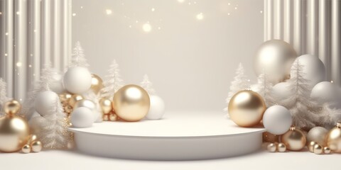 Christmas podium with blurry shiny lights for branding and packaging presentation. Product display with gift boxes, christmas tree, gold white balls, snow. Christmas showcase. Cosmetic and fashion. - obrazy, fototapety, plakaty