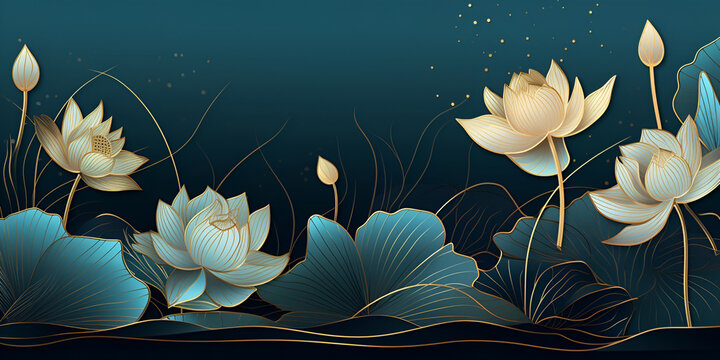 Golden lotus line arts on dark blue background luxury gold wallpaper design wedding background