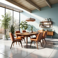 3D rendering of a mid-century modern dining room PNG Cutout, Generative AI