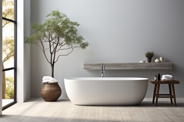 Fototapeta na wymiar 3D rendering of a minimalist bathroom with a freestanding tub and cityscape views, Generative AI