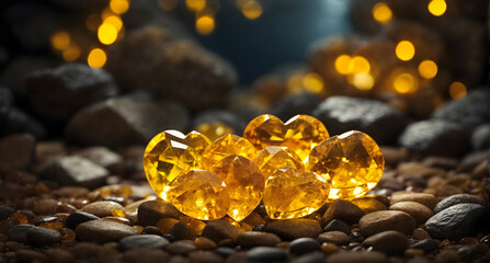 Yellow Sapphire stones in the cave with bokeh background effect. Heartshape stones.  - obrazy, fototapety, plakaty