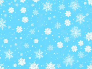 Naklejka na ściany i meble Random falling snow flakes wallpaper. Snowfall dust freeze granules. Snowfall sky white teal blue background. Snow nature scenery.